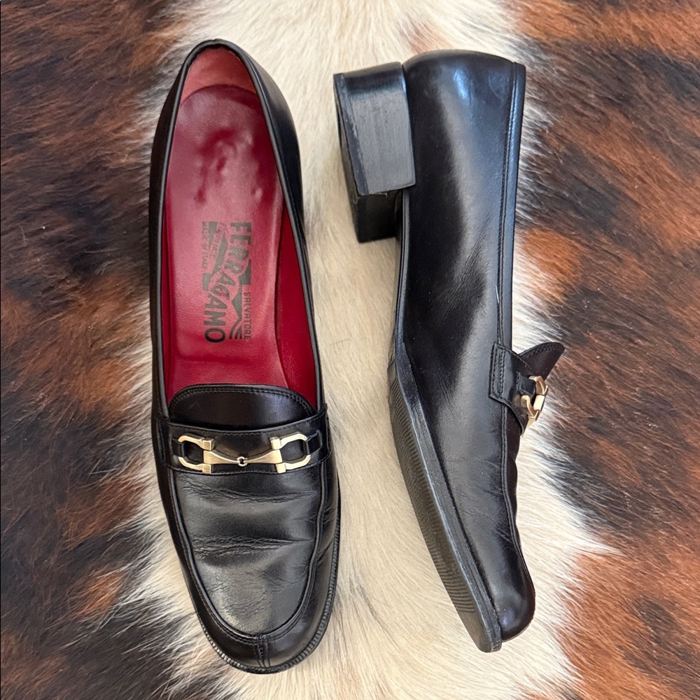 Salvatore Ferragamo Black Leather Loafers with Gold Bit and Red Interior